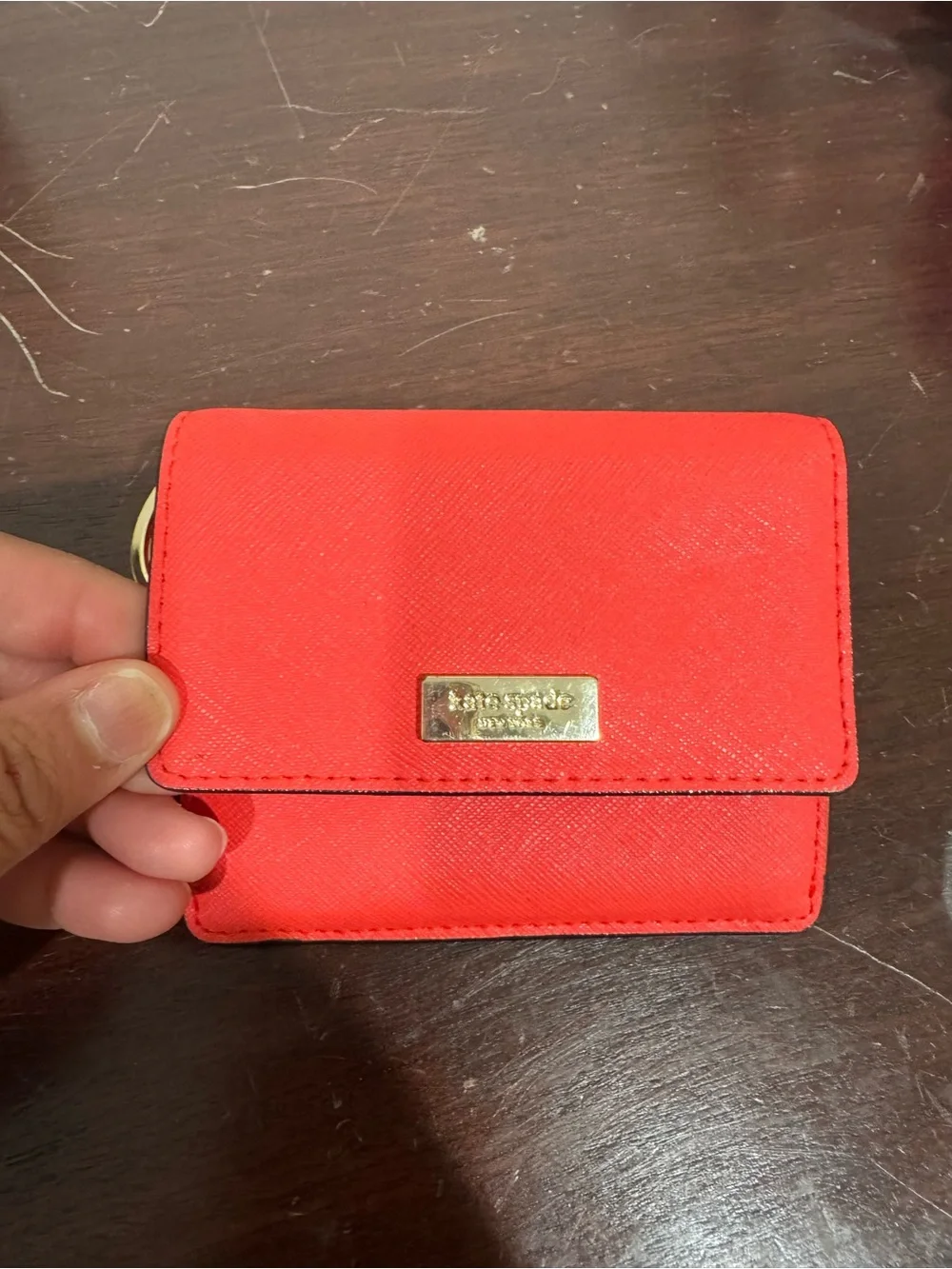 kate spade coral orange saffiano mini wallet with gold plaque